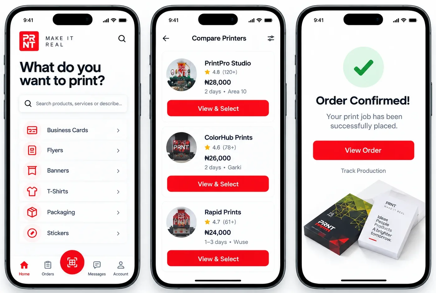 The PRNT app: choose a product, compare printers, order confirmed.